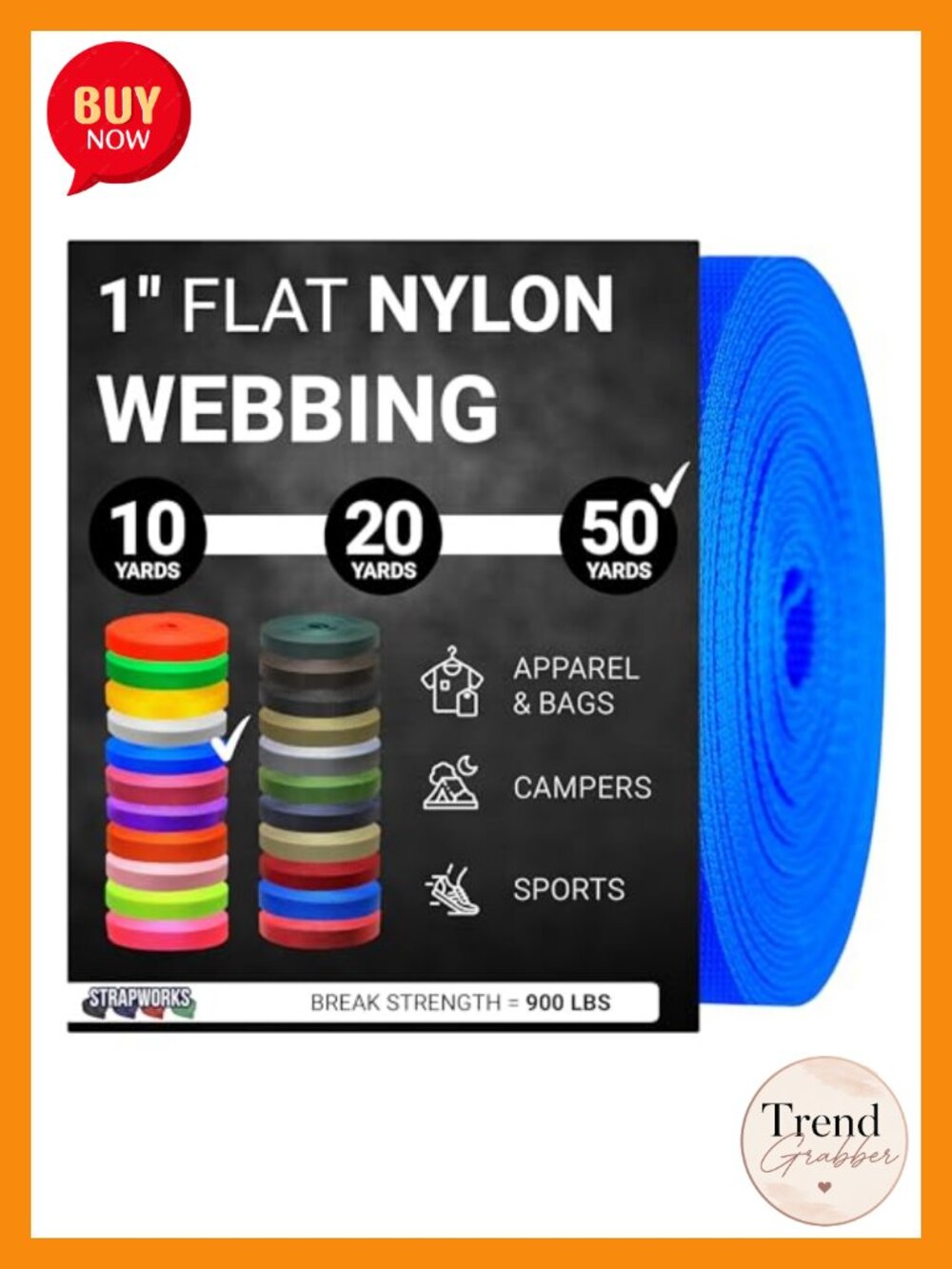 Heavy Duty Nylon Webbing Strap Roll 1 Inch 3000 lb Break Strength